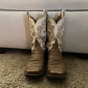 Women’s Lucchese Cowboy Boots Embroidered Size 8 Ostrich Leather Cream and Brown